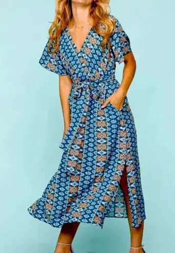 HAPTICS Navy Boho Print Surplice Sash Belt Midi Dress Short Sleeve New Blue