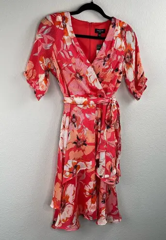 Tahari  ASL Ruffle Hem Tie Waist Grenadine Floral Mini Dress Size 2 NWT