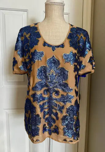 Neiman Marcus Tracy Reese New York Women Sequin Blouse Blue Tan Sz M Brand New