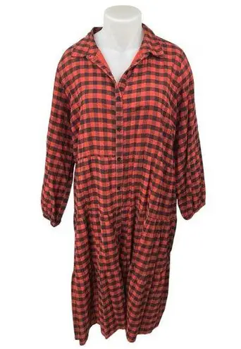 Violet Red Black Plaid Checkered Long Sleeve Button Tiered Midi Shirt Dress 18