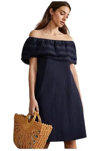 Boden USA Boden Ruffle Navy Blue Off Shoulder Dress Relaxed Fit 6 Tall Boho