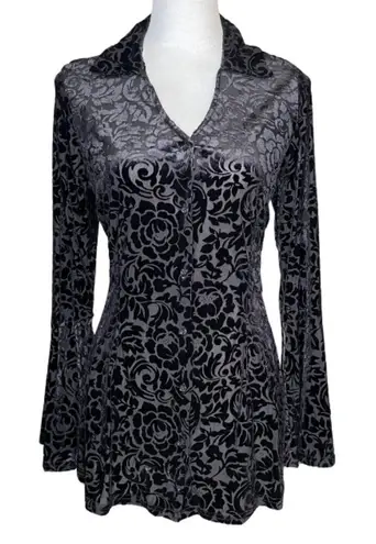 Ultra Pink Velvet Burnout Collared Button Bell Sleeve Tunic Blouse Size Med Goth