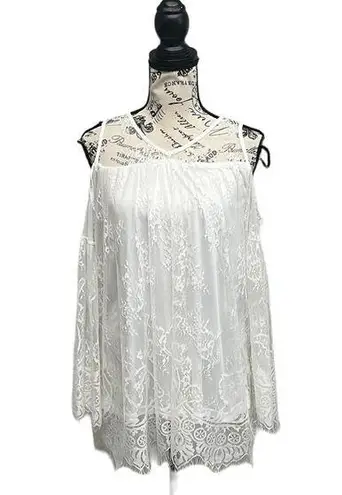 RAIN ivory Lace Crochet Overlay Good Should Tunic Blouse L Beach Boho Sheer White Size L
