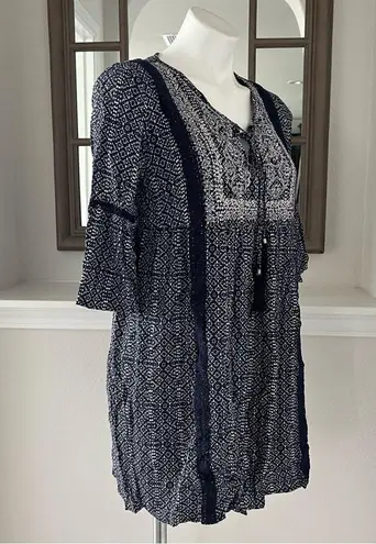 Artesia Boho Dress Casual Mini with Neck Ties Tassels Navy Cream Size S