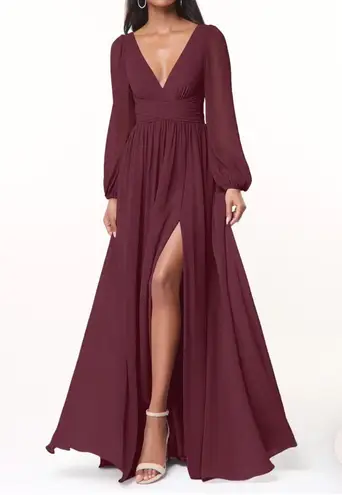 Azazie Norah Cabernet A12 bridesmaid dress sheer long puff sleeves flowy slit