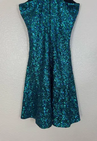 Dress the Population Teal Sequined Sequin Mini Halter Skater Dress size Small