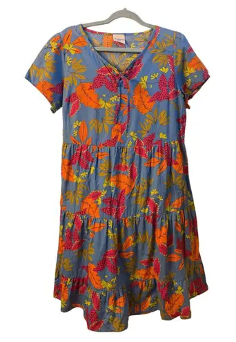 Tropical Scenario Cotton Midi Dress/ Made In Italy, Floral, Tiered, Boho Sz Lg Blue