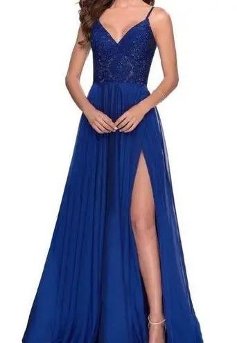 La Femme  28664 Blue Embroidered Bodice Gown FLAW