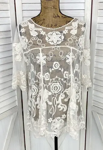 En Crème Boho Sheer Embroidery Lace Pullover Blouse Cream Medium