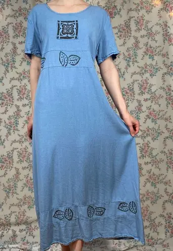 90s block printed blue dress by froxx leaf print large