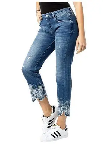 Desigual Boho Embroidered Crystal Embellished Straight Leg Jean US 4 New