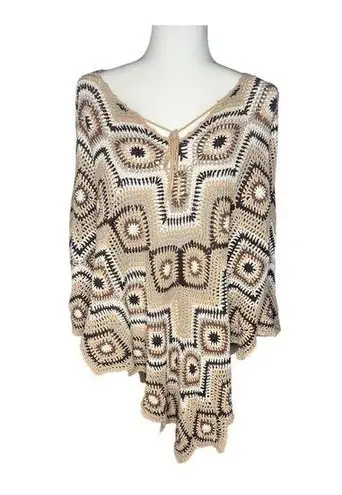 Mixit Crochet Brown & Cream Poncho Boho Knit - Image 1