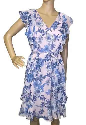 Tommy Hilfiger Flutter Sleeve V-Neck Floral Chiffon Fit Flare Dress Pink Blue 8