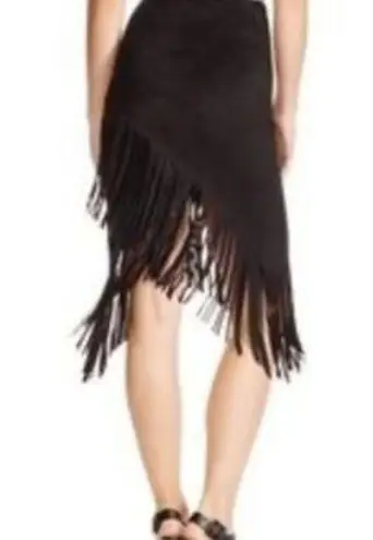 AQUA  Women's Faux Suede Long Fringed Asymmetrical Wrap Style Black Skirt Size S