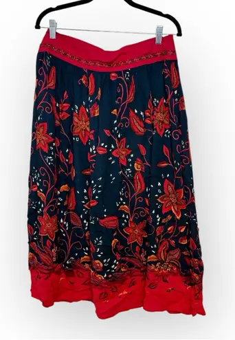 R.Q.T. Red Black Floral Boho Midi Skirt Dark Romantic Hippie Festival 10
