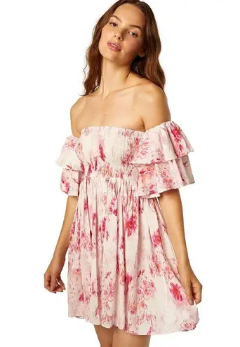Misa Dina Pink Abstract Rose Floral Off Shoulder Mini Dress Size Extra Small