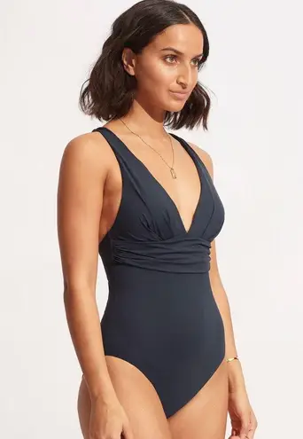 Seafolly Collective True Navy Cross Back V-Neck One Piece Swimsuit Size 14