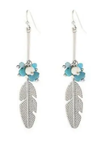 Boutique NWT Riah Silver Tone Feather, Stone, Pearl Bead Dangle Pieced Earrings