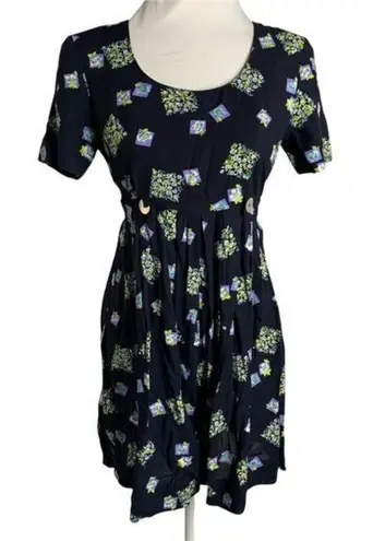 Vintage 90s Rayon Shorts Romper S Blue Floral Tie Waist Zipper Short Sleeves