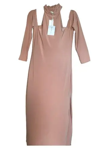 WAYF Twin Flame Nude Cold Shoulder High Neck Midi Dress Large NEW