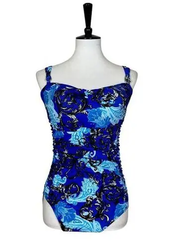 Longitude Robby Len One Piece Swimsuit Shirred Waist Slimming Blue Paisley Women’s Size 14