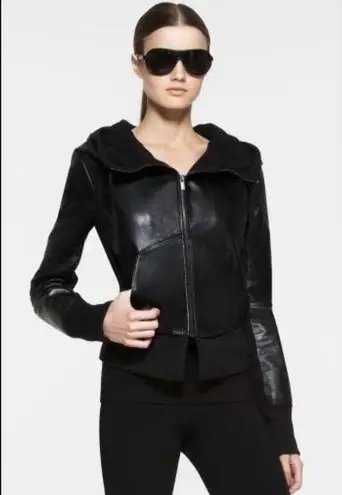 BCBGMAXAZRIA  Black Leather Oakley Hooded Jacket