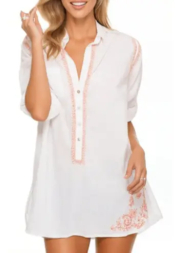 SUBTLE LUXURY White/Mandarin Embroidered Button Down Shirt Size L/XL White Size L - Image 1
