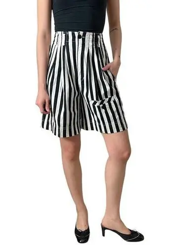 Bermuda vintage black white striped high waisted pleated front  trouser shorts