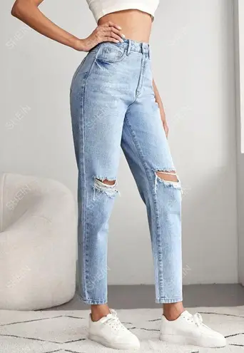 SheIn  Light Wash High Rise Straight Leg Mom Jeans Ripped Knee Large 30"