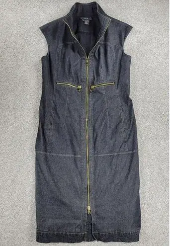 Per Se Full Zip Dress Womens 12 Blue Dark Wash Jean Denim Bodycon Stretch Midi