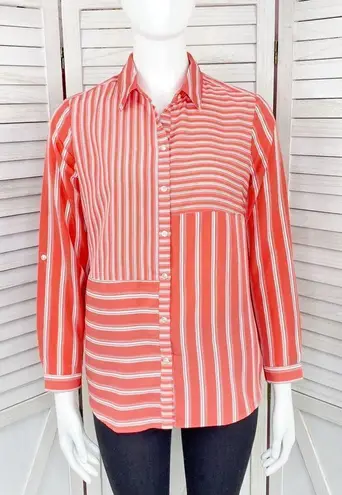 Charter Club Multi Stripe Pattern Block Button Front Blouse Coral White SP - Image 1