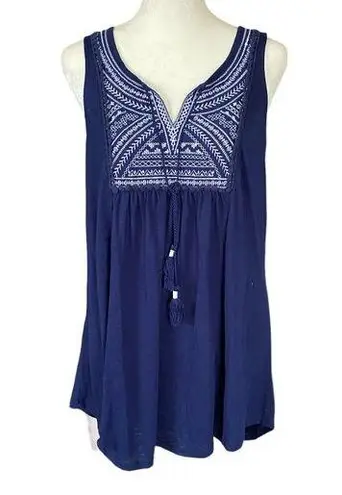 Just Be women's 1X tie front sleeveless blue stretchy tank top embroidered