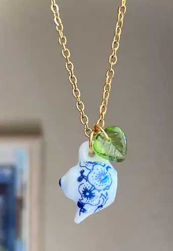 Handmade porcelain tea pot & leaf unique fun fairy antique style necklace🫖🍃🌀