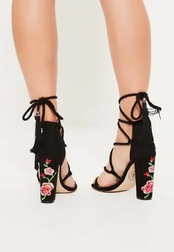 Missguided Black Embroidered Lace Up Block Heels