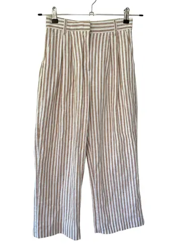 Abercrombie & Fitch Abercrombie Tailored Pleated High Rise Wide Leg Crop Stripe Trouser Tan White