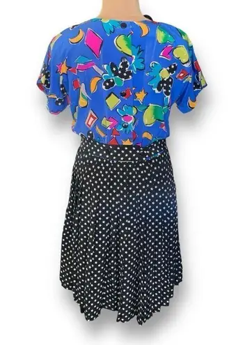 Vintage Rickie Freeman Dress Blue Black Pop Art Star Print Pleated Silk Midi Size 12