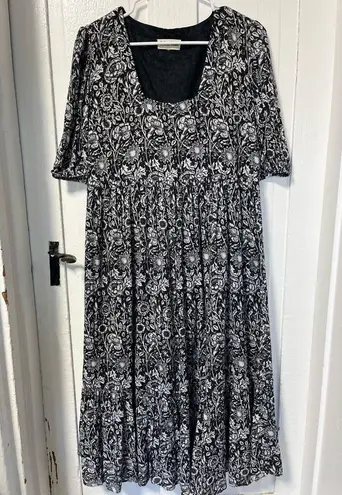 Celina moon square neck black & white floral flowy midi cottagecore dress Size L