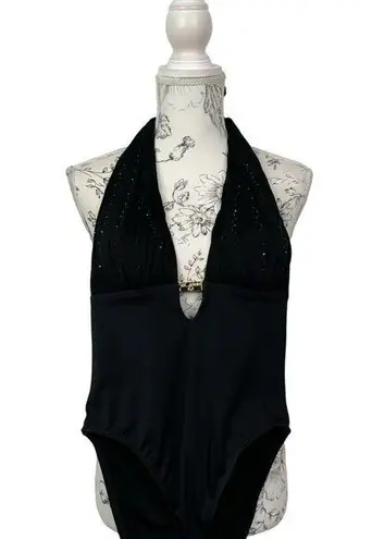 St. John Swimwear Black Halter Padded Sequins One Piece Swimsuit Size 4 NWT