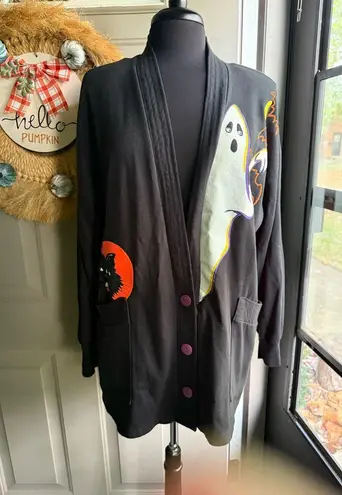Vintage 90s Linda Lori Halloween ghost black cat tunic cardigan, size large Orange