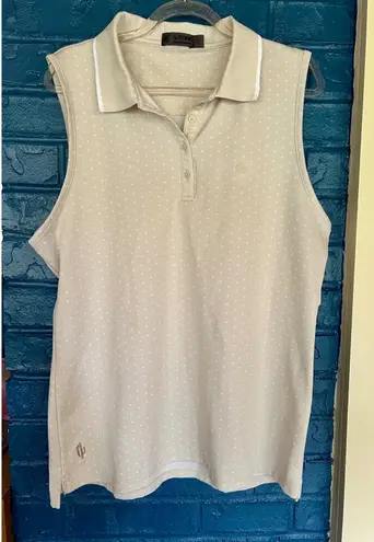 G/FORE Womens Sleeveless Golf Polo Shirt Polka Dot Beige White Trim Large Tan