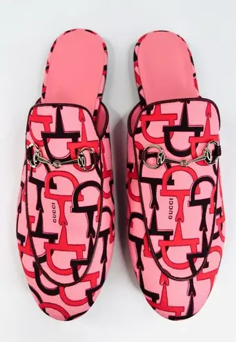 Gucci  Princetown Horsebit Logo Print Pink Fabric Flat Loafer Mules Size EU 40.5