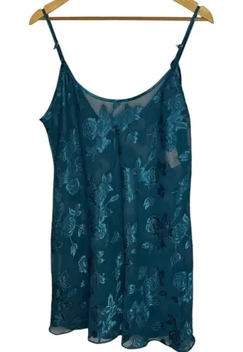 Vintage Angelique Women's L Satin Slip Dress Teal Blue Floral Chemise Lingerie Size L