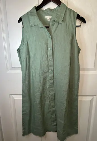 Garnet Hill Sage Green Linen Sleeveless Collared Button Down Shirt Dress Size 12