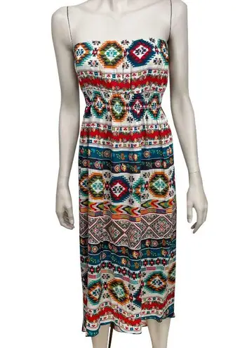 Chocolate Bohemian Print Midi Length Strapless Dress Size M