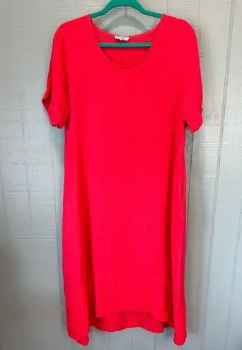 Rosemarine Made In Italy 100% Linen Red Embroidered Eyelet Hem Dress Size Medium