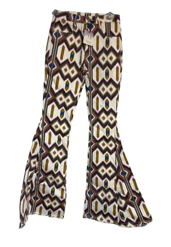 Wisteria Lane Geometric Flare Pants S White/Multicolor 98% Cotton & 2% Spandex White