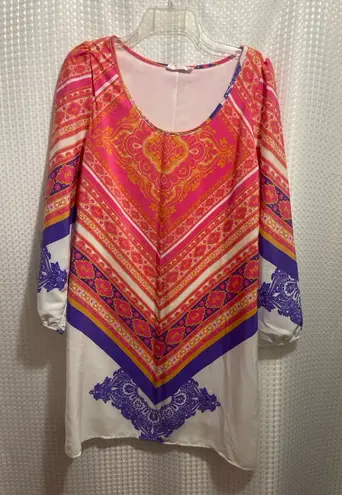Peach Love California Boho Scarf Print Dress Large Pink Orange Purple