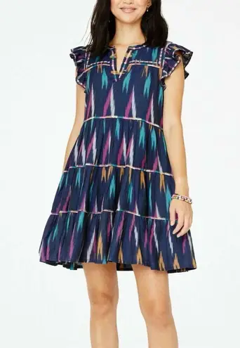 Roller Rabbit Women's S Pippa Ikat Print Bohemian Dress Multicolor Ruffle Sleeve