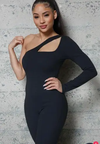 Melrose With Love Bria One Sleeve Ribbed knit Jumpsuit Black Small