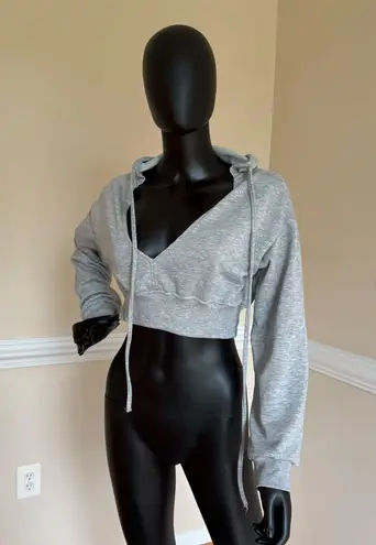 Crop Top Hoodie Sweatshirt Vneck Long Sleeve Top Tee Blouse Gym Sport Top Tshirt Gray